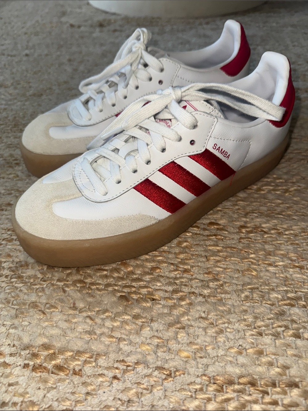 adidas Samba Leather Sneakers in White and Red with Gum Sole